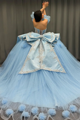 Ball Gown Sweetheart Neck Detachable Half Lantern Sleeves Beaded 3D Flower Appliques Big Bow Knot Back Glitter Sky Blue Tulle Quinceanera Dress Birthday Party Dress For Sweet 16
